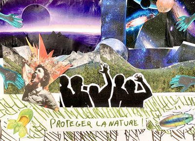 Ilage fait en collage avec des images des planètes et d'un foret avec légende qui lit "Protéger la nature".