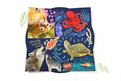 Création en papier bleue avec collage d'images d'animaux et écritures en marqueurs colorés