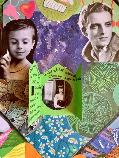Création en collage avec un garcon et un homme adulte et au milieu une petite maison.
