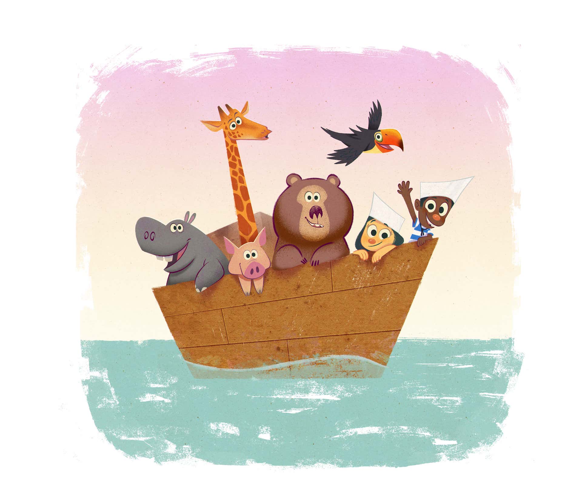 Animals in a boat with the Philomoos mascot and another child