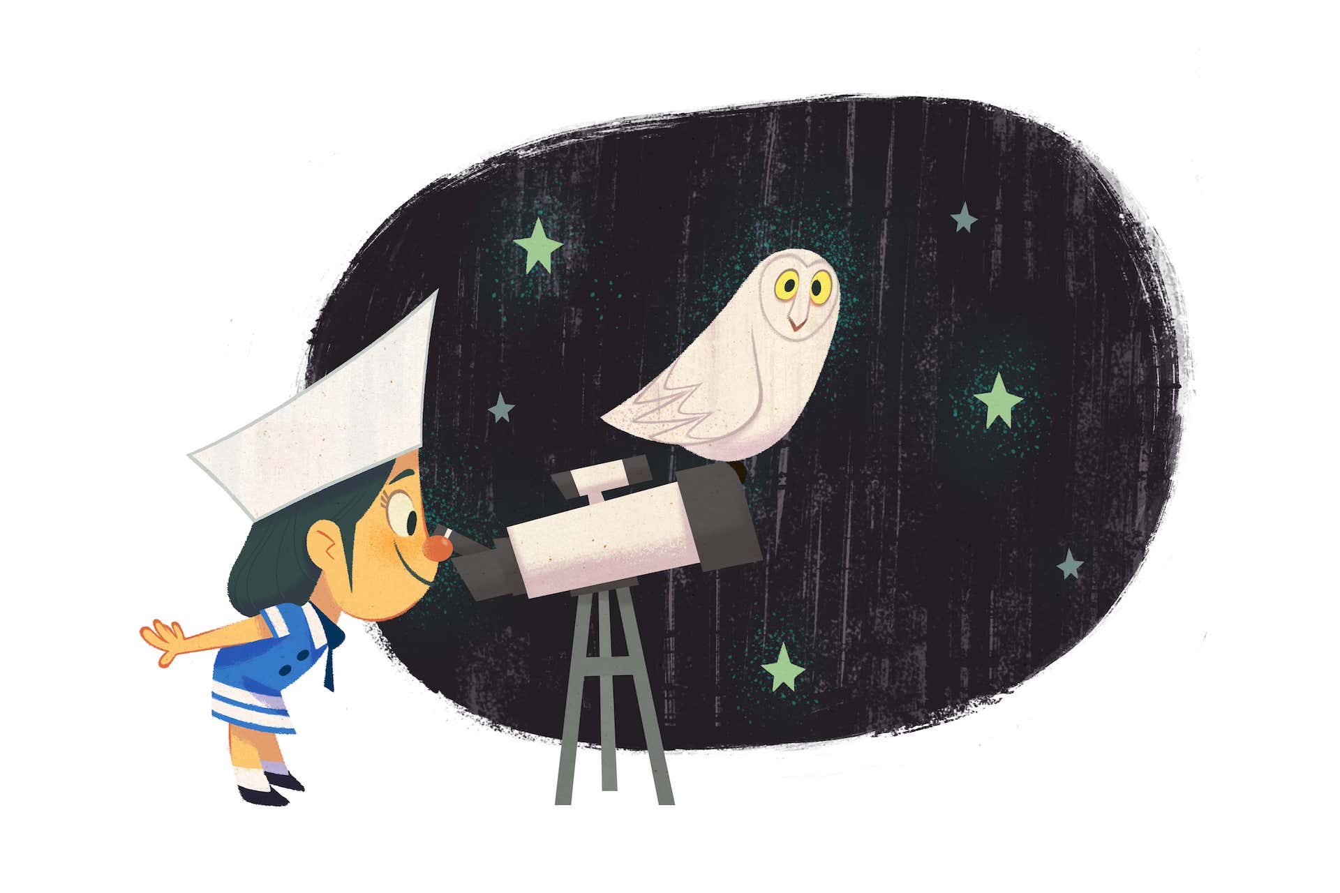 Philomoos mascot watching the sky, an owl is perched on the telescope