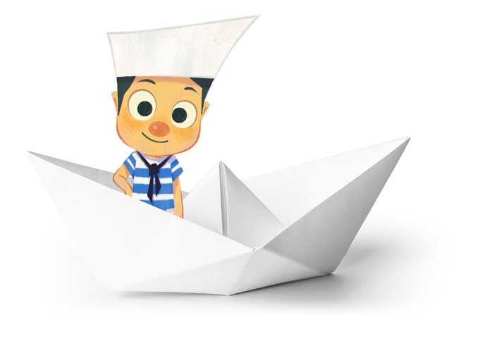 Illustration of a little boy wearing a hat and a sailor’s T-shirt riding an origami boat.
