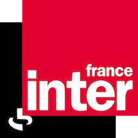 Logo de france Inter, texte blanc dans un carré rouge sur un carré noir