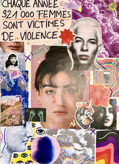 Afiche montrent des visages de femmes et des chifres de violences faites aux femmes