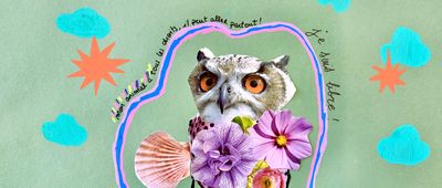 Création en papier vert avec collage d'images d'animaux et écritures