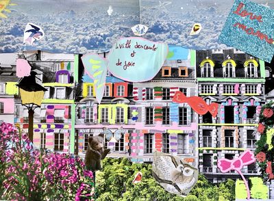 Réalisation d'un collage et d'coloriage, composée par un bâtiment avec un paysage de montagnes comme fond.