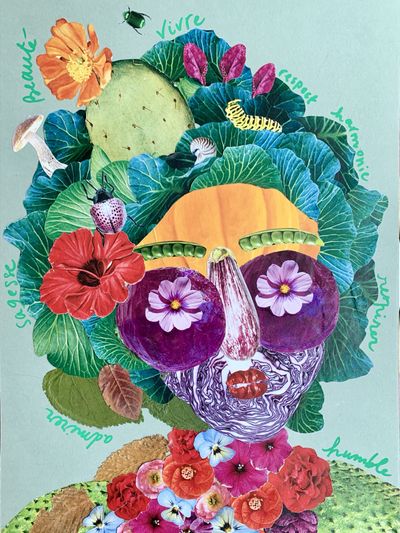 Création en papier vert avec collage d'images d'animaux et de végétation pour former un être vivante hybride avec la nature.